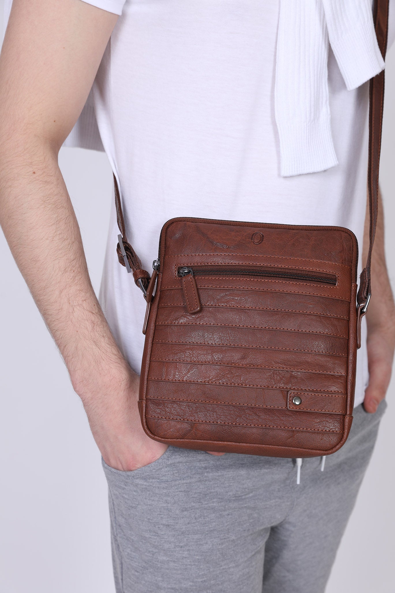 Leather Messenger Bag - Full Grain Leather Sling Bag -Leather Sling Bag for Men Brown  - Oxhide J0050