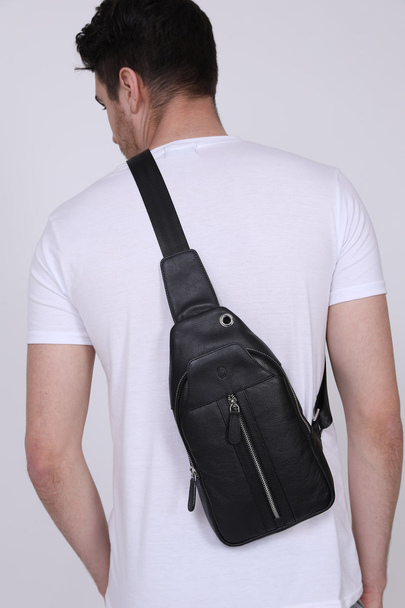 Oxhide Leather Men's Chest Bag - Travel Bag - Bikers Bag - Lightweight Anti-Theft Bag - Oxhide 10026 Black