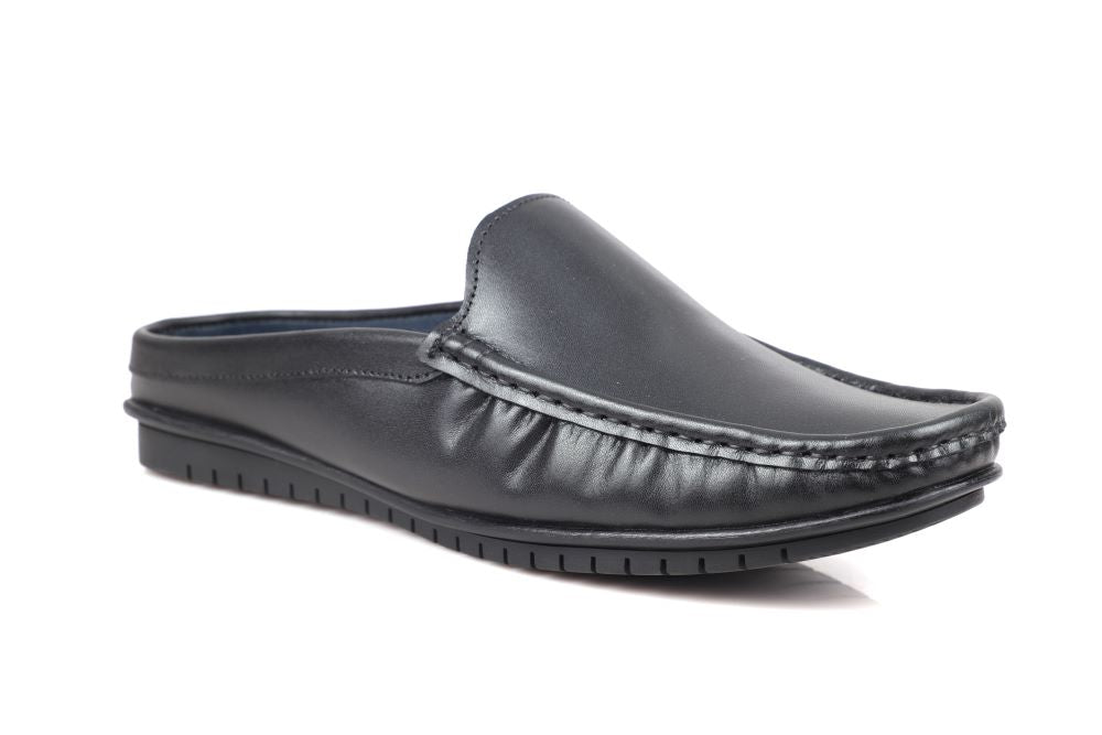 Black Leather Back-Open Slip-On Shoes -TR 1406 BLACK