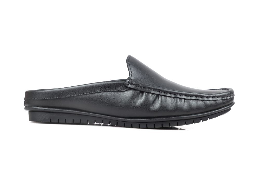 Black Leather Back-Open Slip-On Shoes -TR 1406 BLACK