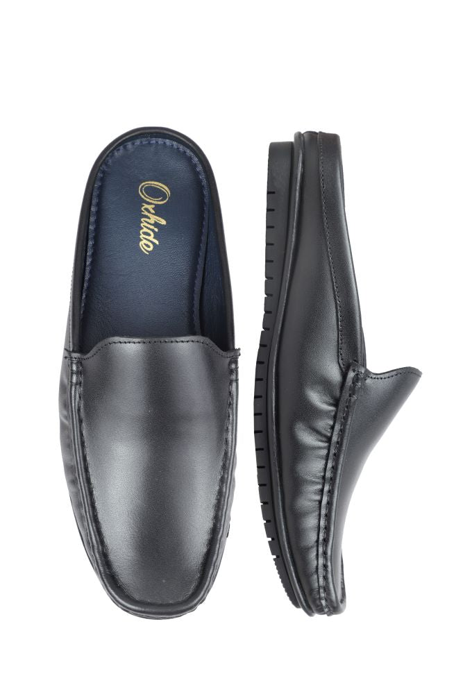 Black Leather Back-Open Slip-On Shoes -TR 1406 BLACK