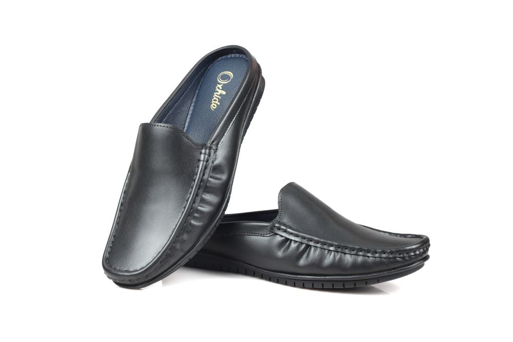 Black Leather Back-Open Slip-On Shoes -TR 1406 BLACK