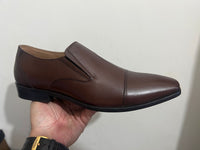 Brown Leather Cap-Toe Formal Slip-On Shoes -BOM-11635-TAN