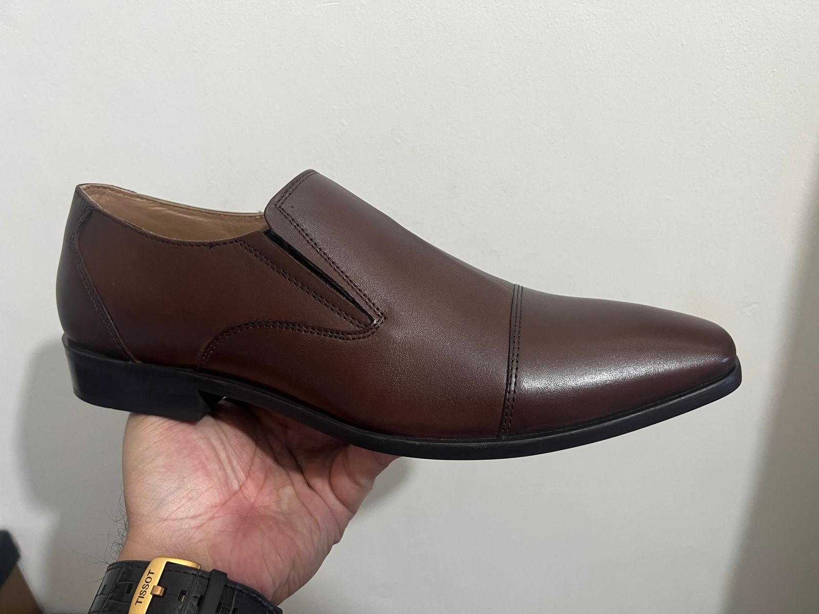 Brown Leather Cap-Toe Formal Slip-On Shoes -BOM-11635-TAN