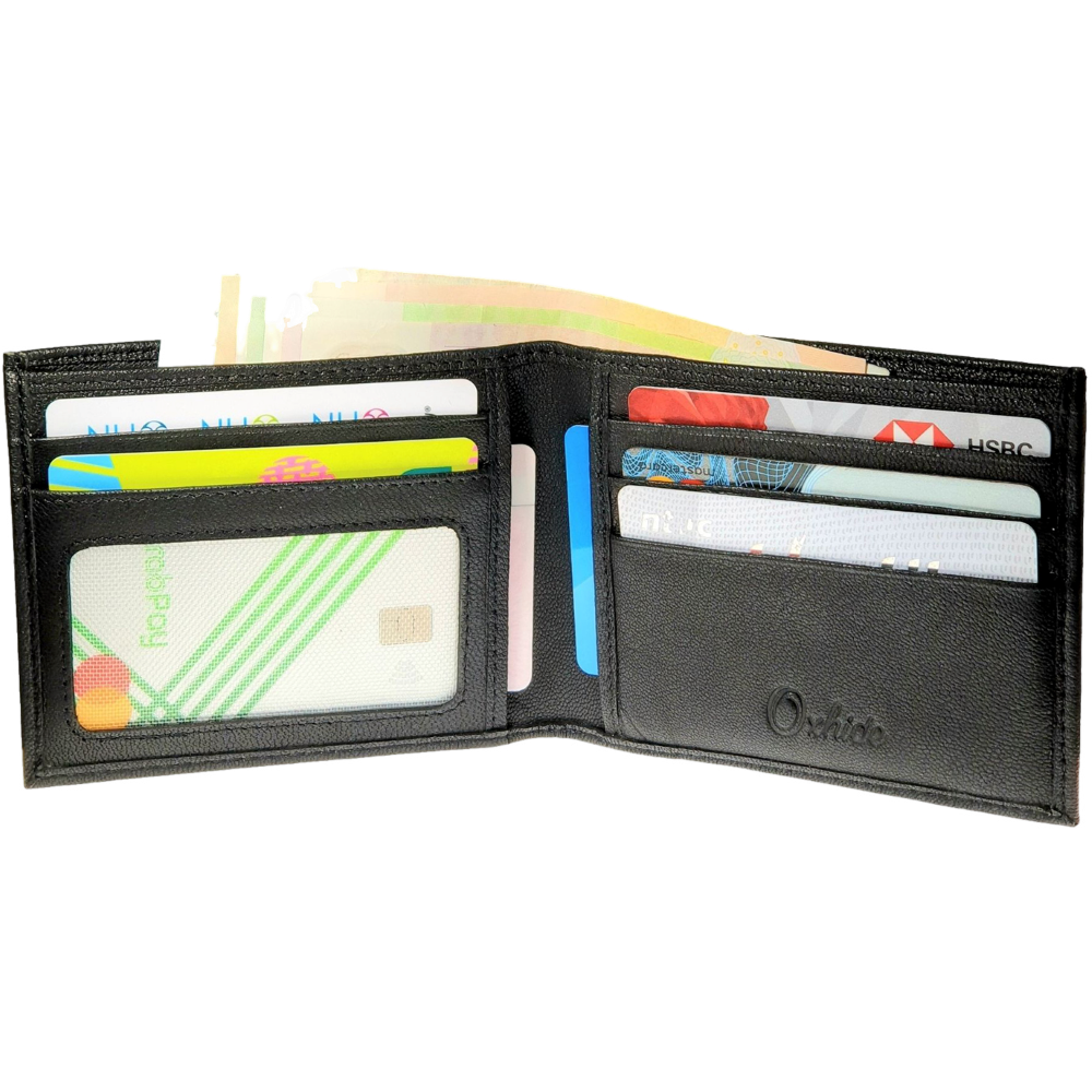 Wallet Men Black - Bifold Lucky  Wallet- Full Grain Leather Wallet with NO HOLE- Black Wallet - 3704