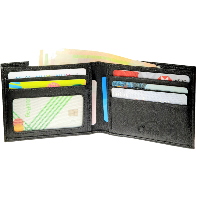 Wallet Men Black - Bifold Lucky  Wallet- Full Grain Leather Wallet with NO HOLE- Black Wallet - 3704