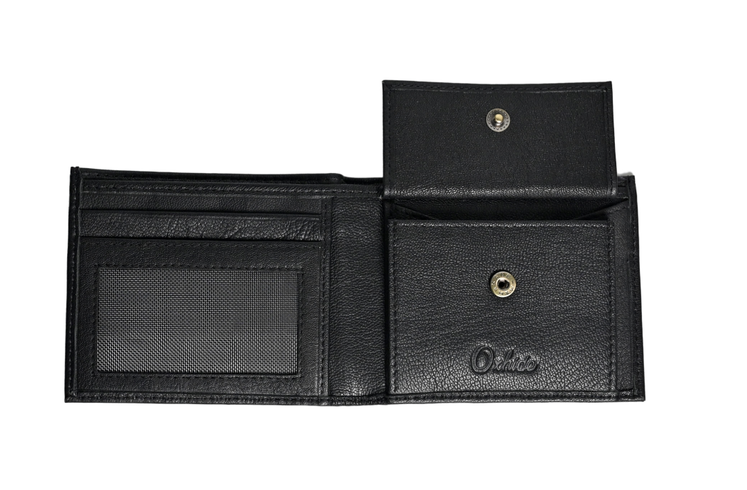 Wallet Men Black with coin pouch - Bifold Lucky Wallet- Full Grain Leather Wallet with NO HOLE- Black Wallet - 3704CP Oxhide