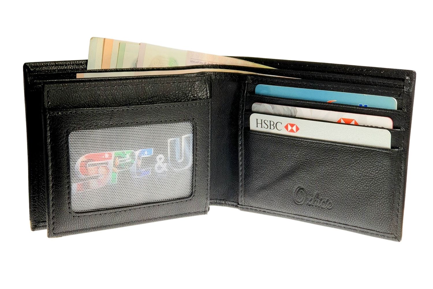 Wallet Men Black - Bifold Lucky  Wallet- Full Grain Leather Wallet with NO HOLE- Black Wallet - Oxhide 3851 Black