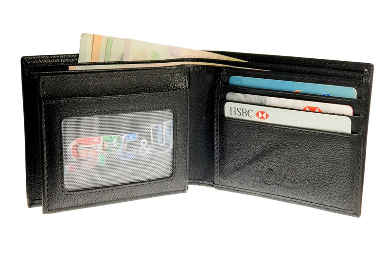 Wallet Men Black - Bifold Lucky  Wallet- Full Grain Leather Wallet with NO HOLE- Black Wallet - Oxhide 3851 Black