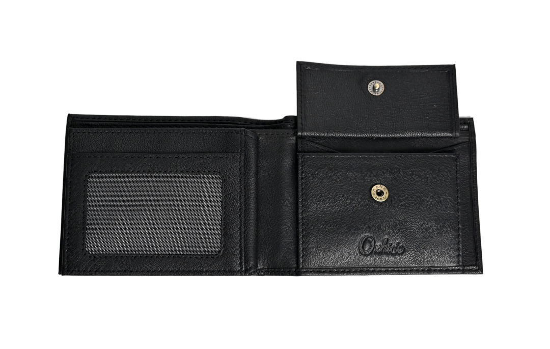 Wallet Men Black with coin pouch - Bifold Lucky Wallet- Full Grain Leather Wallet with NO HOLE- Black Wallet - Oxhide 3851CP Black