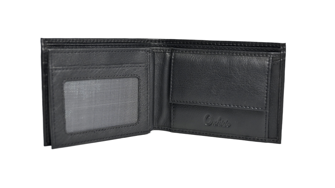 Wallet Men Black with coin pouch - Bifold Lucky Wallet- Full Grain Leather Wallet with NO HOLE- Black Wallet - Oxhide 3851CP Black