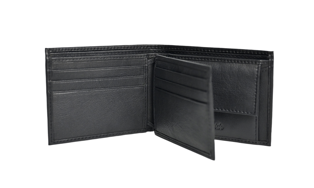 Wallet Men Black with coin pouch - Bifold Lucky Wallet- Full Grain Leather Wallet with NO HOLE- Black Wallet - Oxhide 3851CP Black