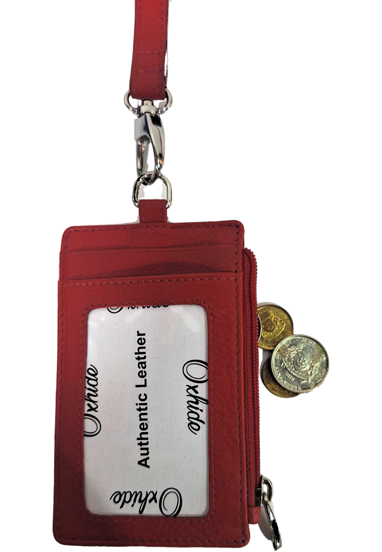Oxhide Leather Lanyard / ID card holder Lanyard /Wallet/Leather - 4164 Red