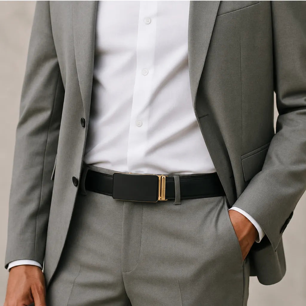 Mens Automatic Leather Belt - Full Grain Leather Ratchet Belt - Men Leather Belt with Auto Lock Buckle - TRACK BELT - Belt without hole -ABB10A Black Oxhide