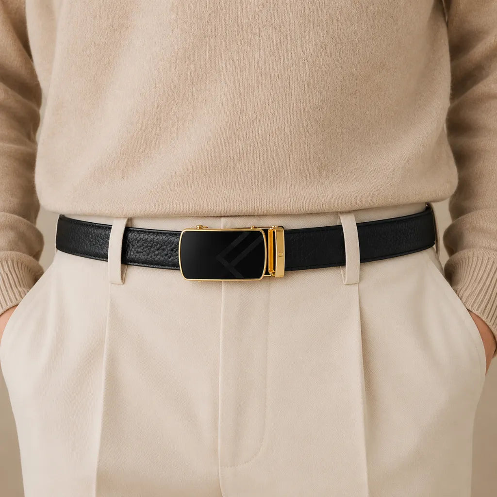 Luxury Belt for Men - Ratchet Leather Belt - Branded Leather Belt for Men - Belts with exclusive buckles - Belts for Evening Wear -Auto Lock Black Belt - ABB2I Oxhide Black