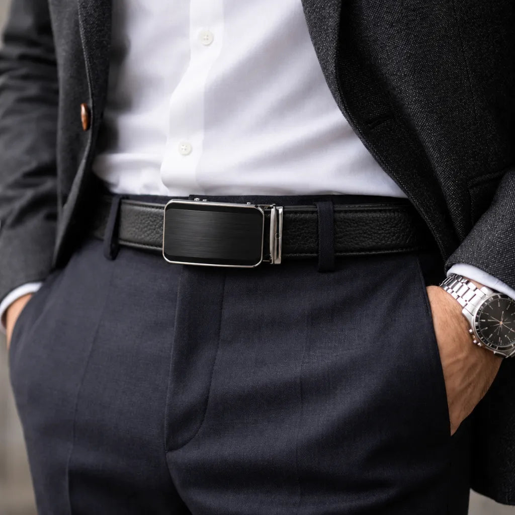 Mens Automatic Leather Belt - Full Grain Leather Ratchet Belt - Men Leather Belt with Auto Lock Buckle - TRACK BELT - Belt without hole -ABB4A
