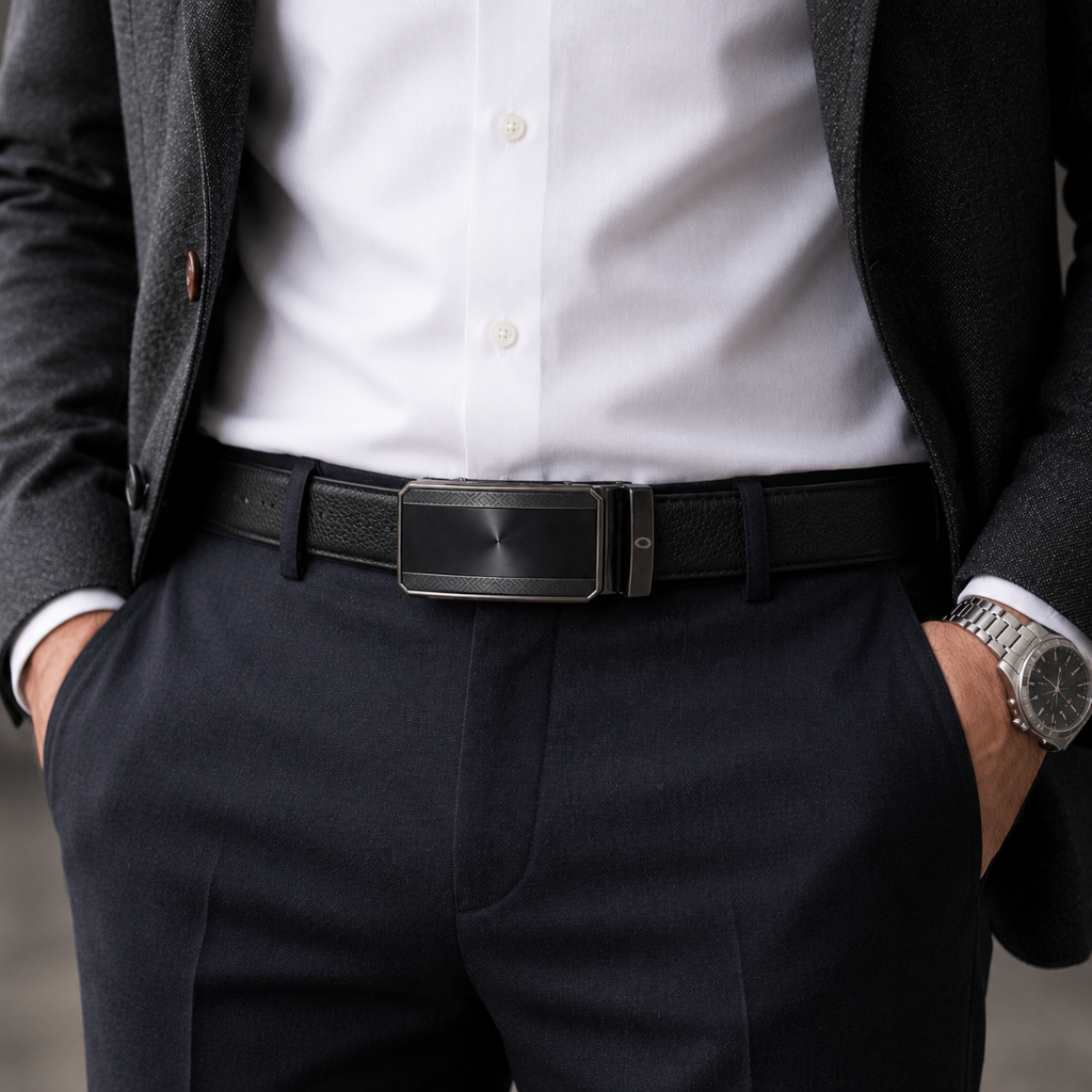 Mens Automatic Leather Belt - Full Grain Leather Ratchet Belt - Men Leather Belt with Auto Lock Buckle - TRACK BELT - Belt without hole -ABB6H Black Oxhide