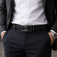 Mens Automatic Leather Belt - Full Grain Leather Ratchet Belt - Men Leather Belt with Auto Lock Buckle - TRACK BELT - Belt without hole -ABB6H Black Oxhide