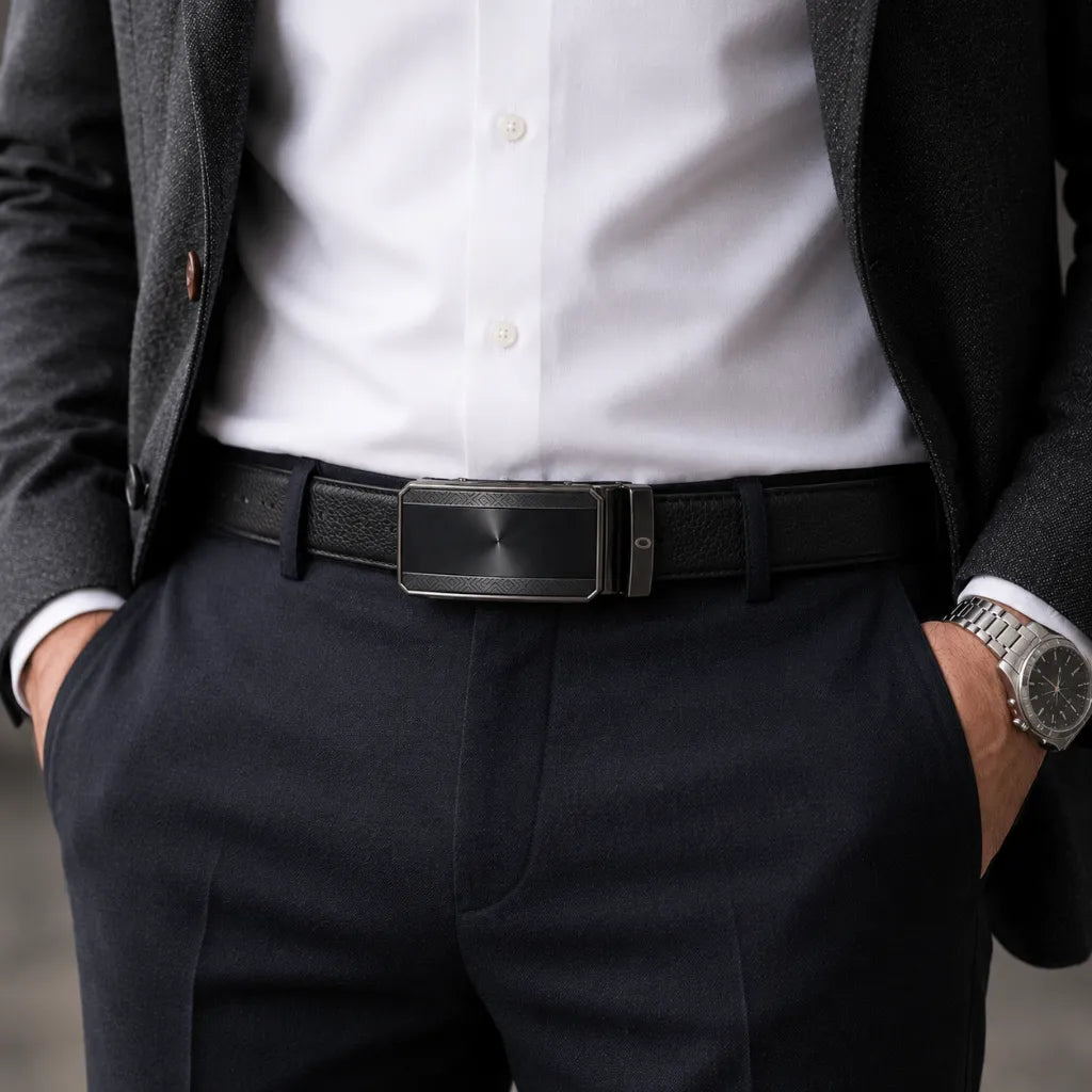 Mens Automatic Leather Belt - Full Grain Leather Ratchet Belt - Men Leather Belt with Auto Lock Buckle - TRACK BELT - Belt without hole -ABB6H Black Oxhide
