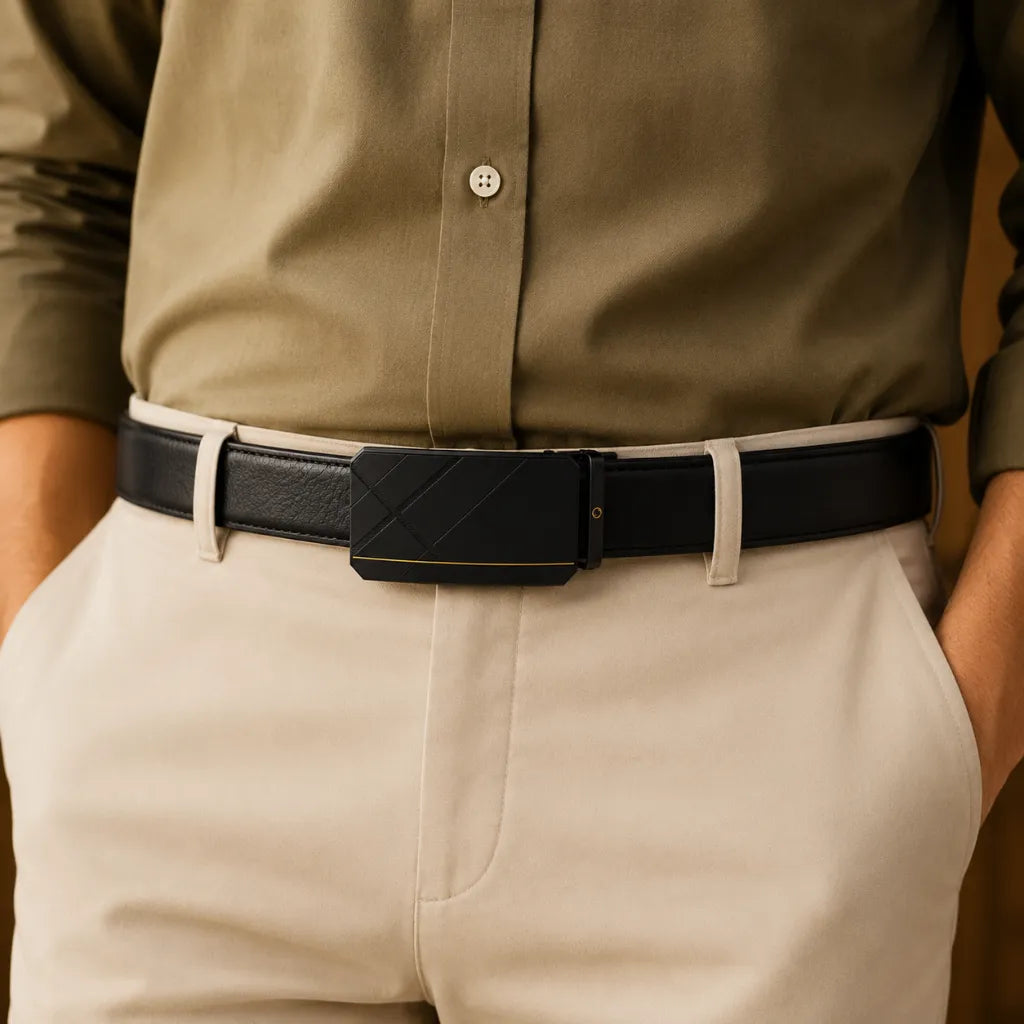 Mens Automatic Leather Belt - Full Grain Leather Ratchet Belt - Men Leather Belt with Auto Lock Buckle - TRACK BELT - Belt without hole -ABB7A