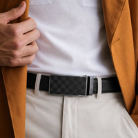 Mens Automatic Leather Belt - Full Grain Leather Ratchet Belt - Men Leather Belt with Auto Lock Buckle - TRACK BELT - Belt without hole -ABB7H Black Oxhide
