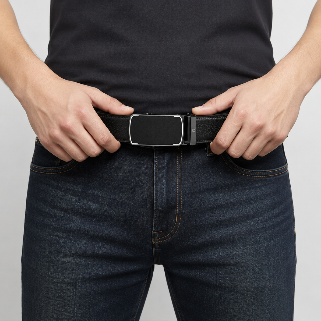 Mens Automatic Leather Belt - Full Grain Leather Ratchet Belt - Men Leather Belt with Auto Lock Buckle - TRACK BELT - Belt without hole -ABB9A Black Oxhide