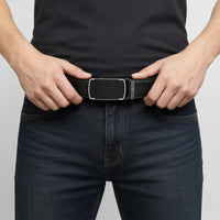 Mens Automatic Leather Belt - Full Grain Leather Ratchet Belt - Men Leather Belt with Auto Lock Buckle - TRACK BELT - Belt without hole -ABB9A Black Oxhide