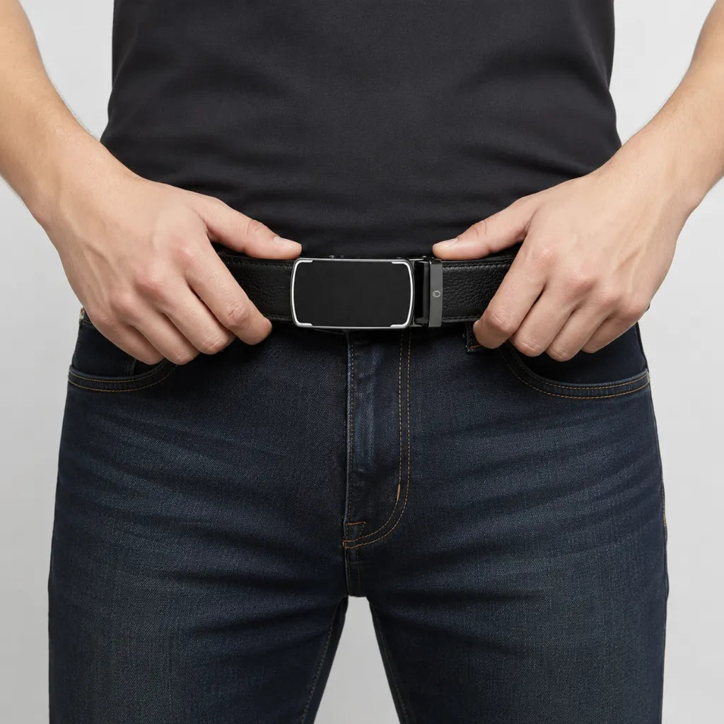 Mens Automatic Leather Belt - Full Grain Leather Ratchet Belt - Men Leather Belt with Auto Lock Buckle - TRACK BELT - Belt without hole -ABB9A Black Oxhide