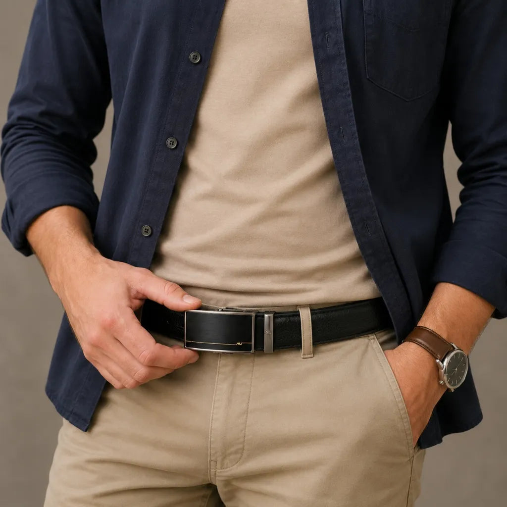 Mens Automatic Leather Belt - Full Grain Leather Ratchet Belt - Men Leather Belt with Auto Lock Buckle - TRACK BELT - Belt without hole -ABB9H Black Oxhide