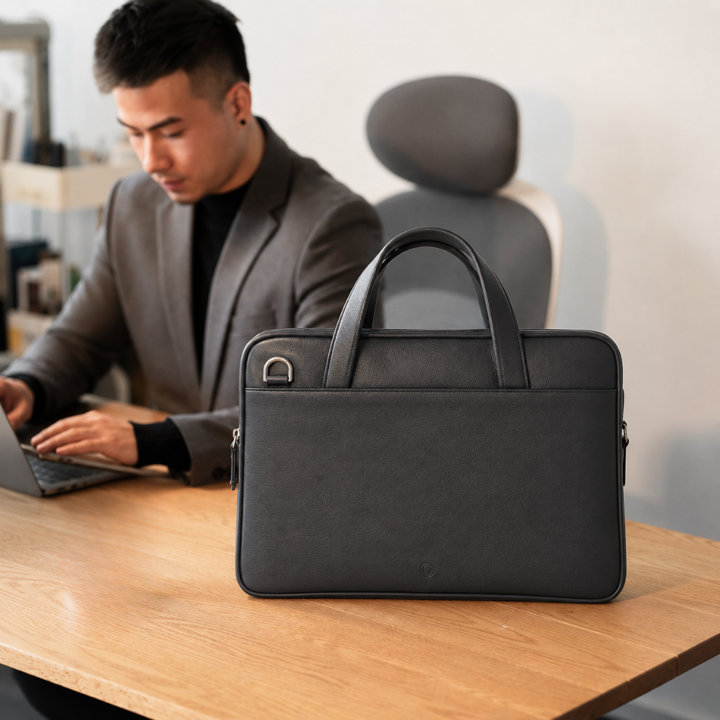 Oxhide Vintage Leather SLIM Laptop black Bag -Minimalist Black - J0066