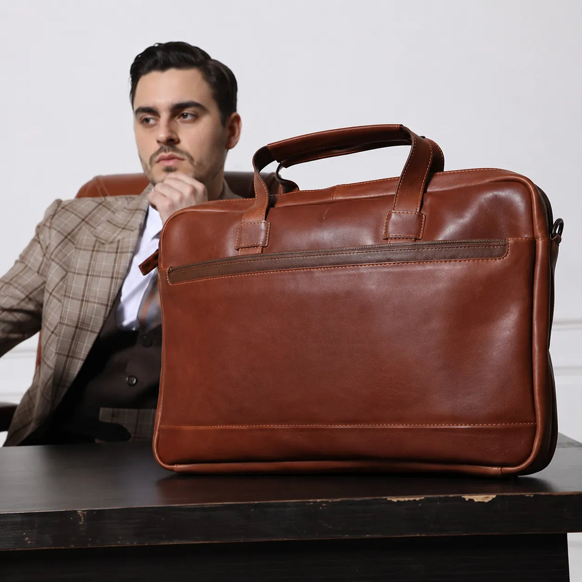 Oxhide Vintage Mens Leather Laptop office Bag -Executive Brown - J0068