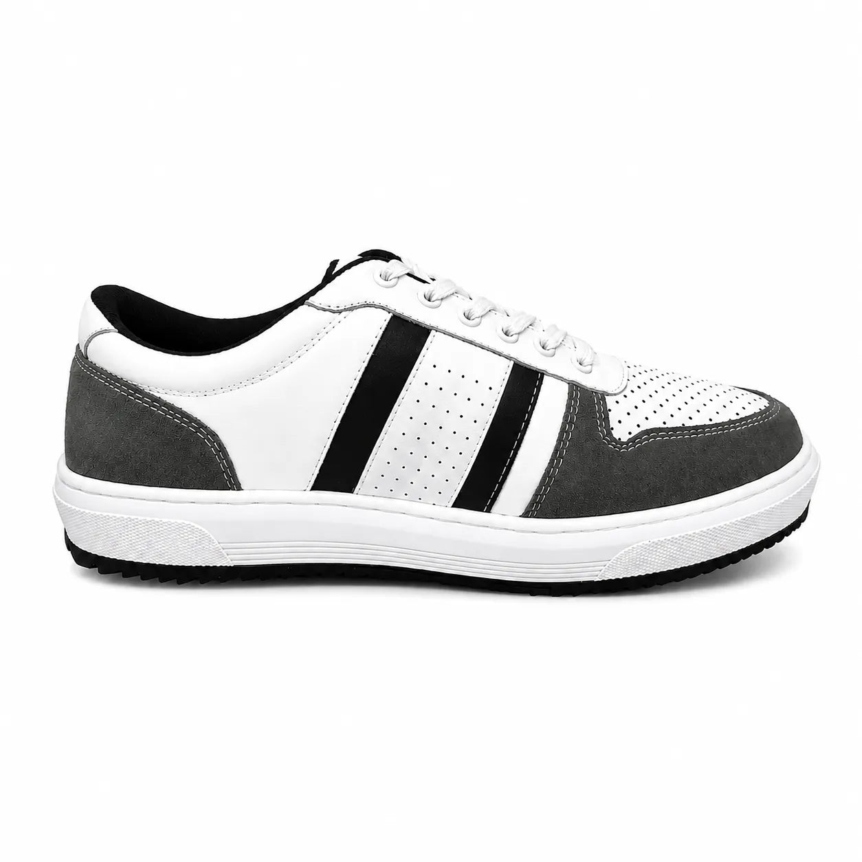 White, Grey & Black Leather Casual Sneakers -BOM-CS1-WHT