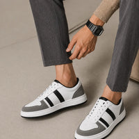 White, Grey & Black Leather Casual Sneakers -BOM-CS1-WHT