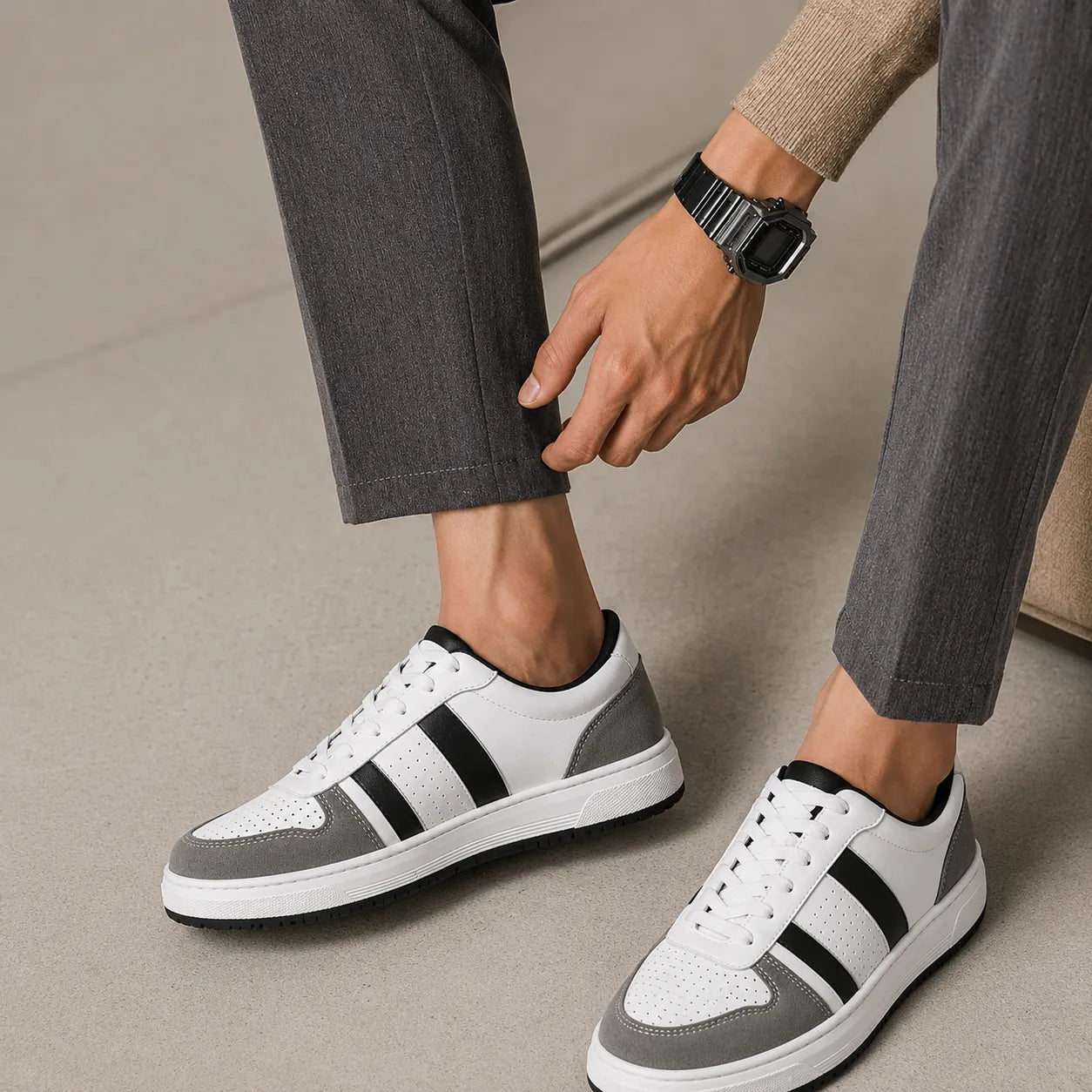 White, Grey & Black Leather Casual Sneakers -BOM-CS1-WHT