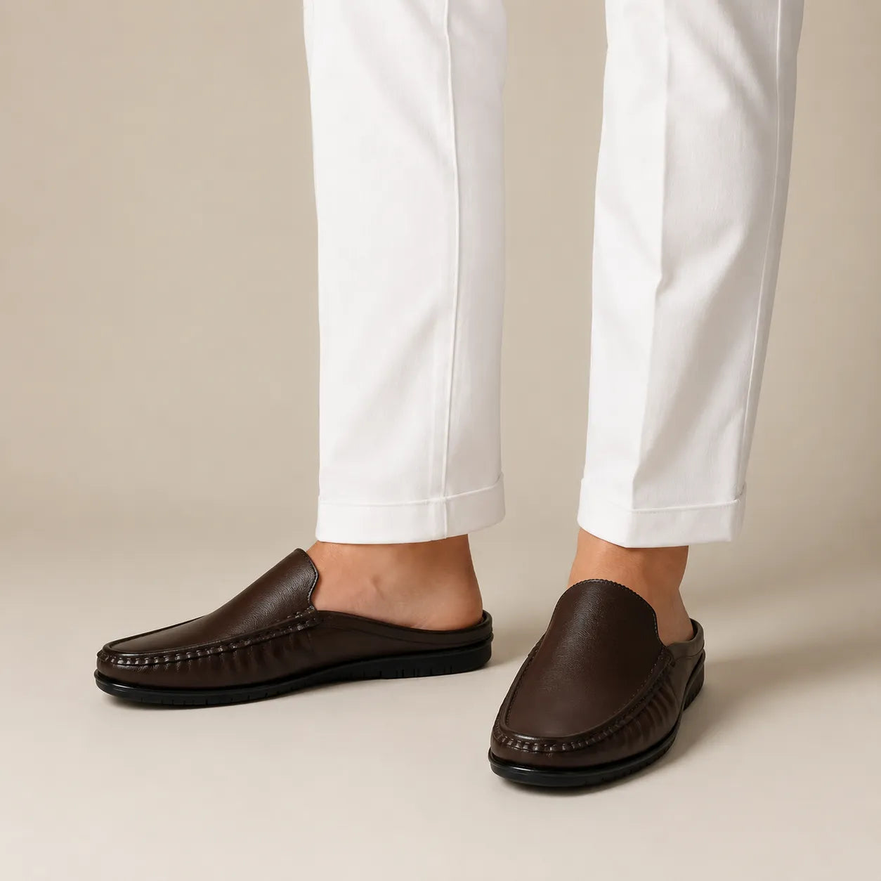Brown Leather Back-Open Slip-On Shoes -TR 1406 BROWN