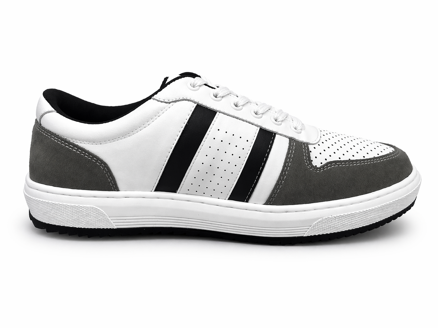 White, Grey & Black Leather Casual Sneakers -BOM-CS1-WHT