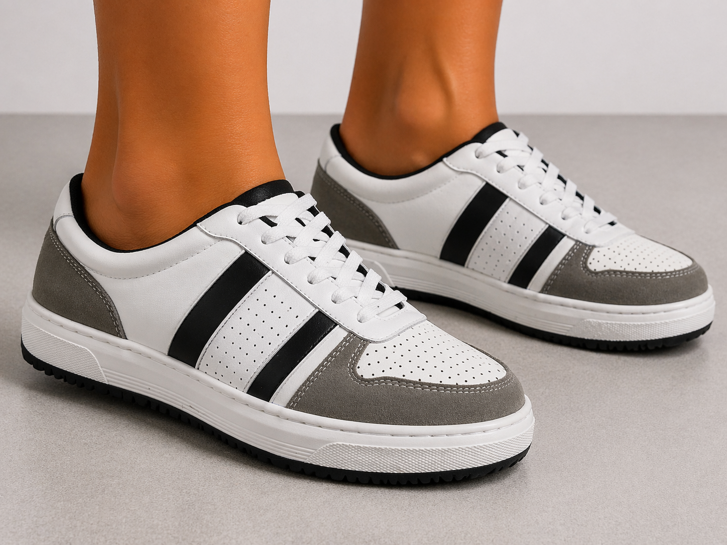 White, Grey & Black Leather Casual Sneakers -BOM-CS1-WHT