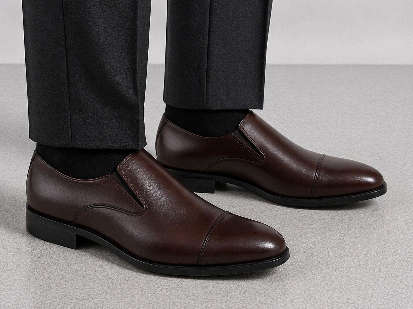 Brown Leather Cap-Toe Formal Slip-On Shoes -BOM-11635-TAN