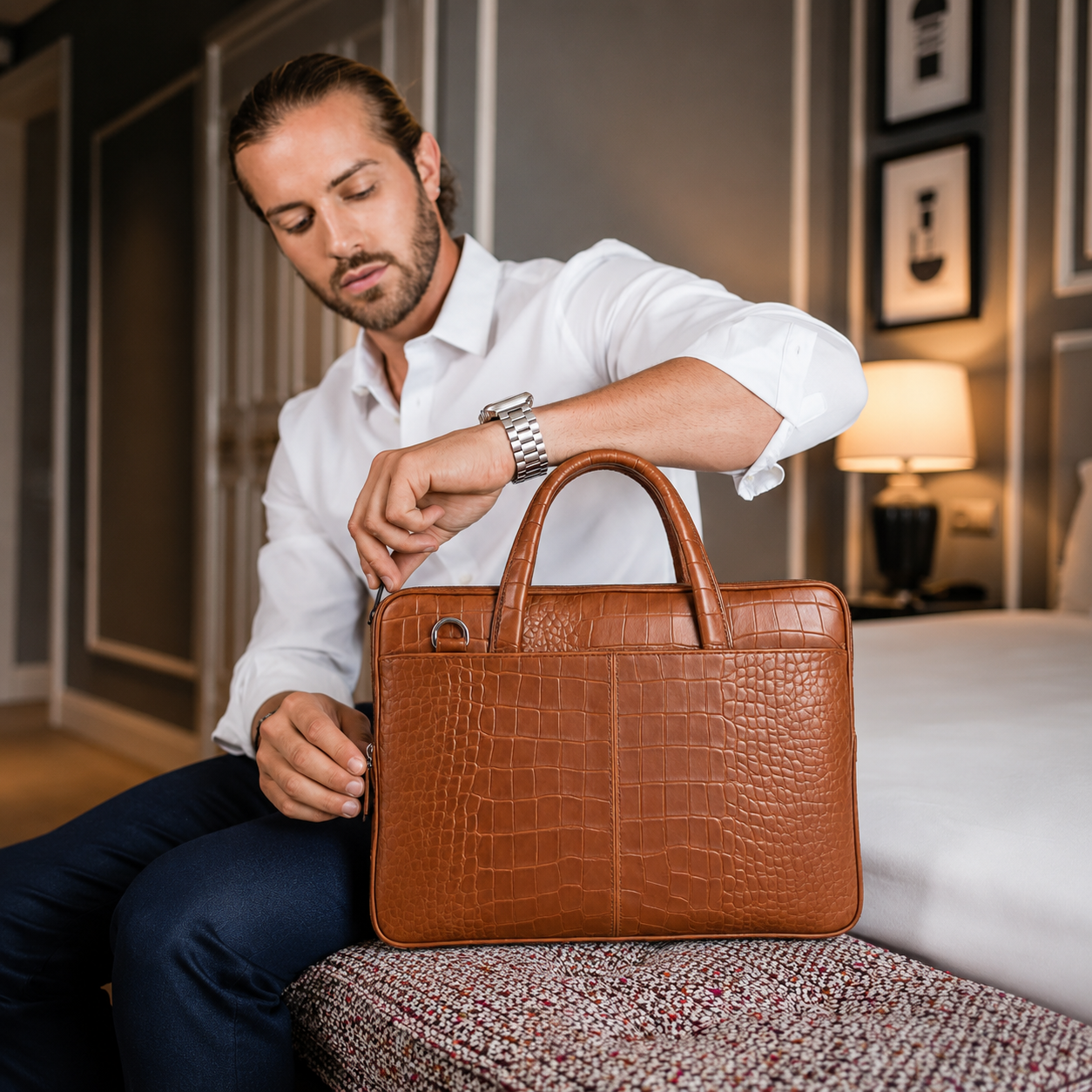 Oxhide Vintage Leather SLIM Laptop Bag -Minimalist Brown - J0066 CRC