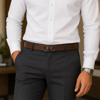 BROWN Leather Belt with Designed Buckles - Business Evening Designer Wear -D8 BROWN