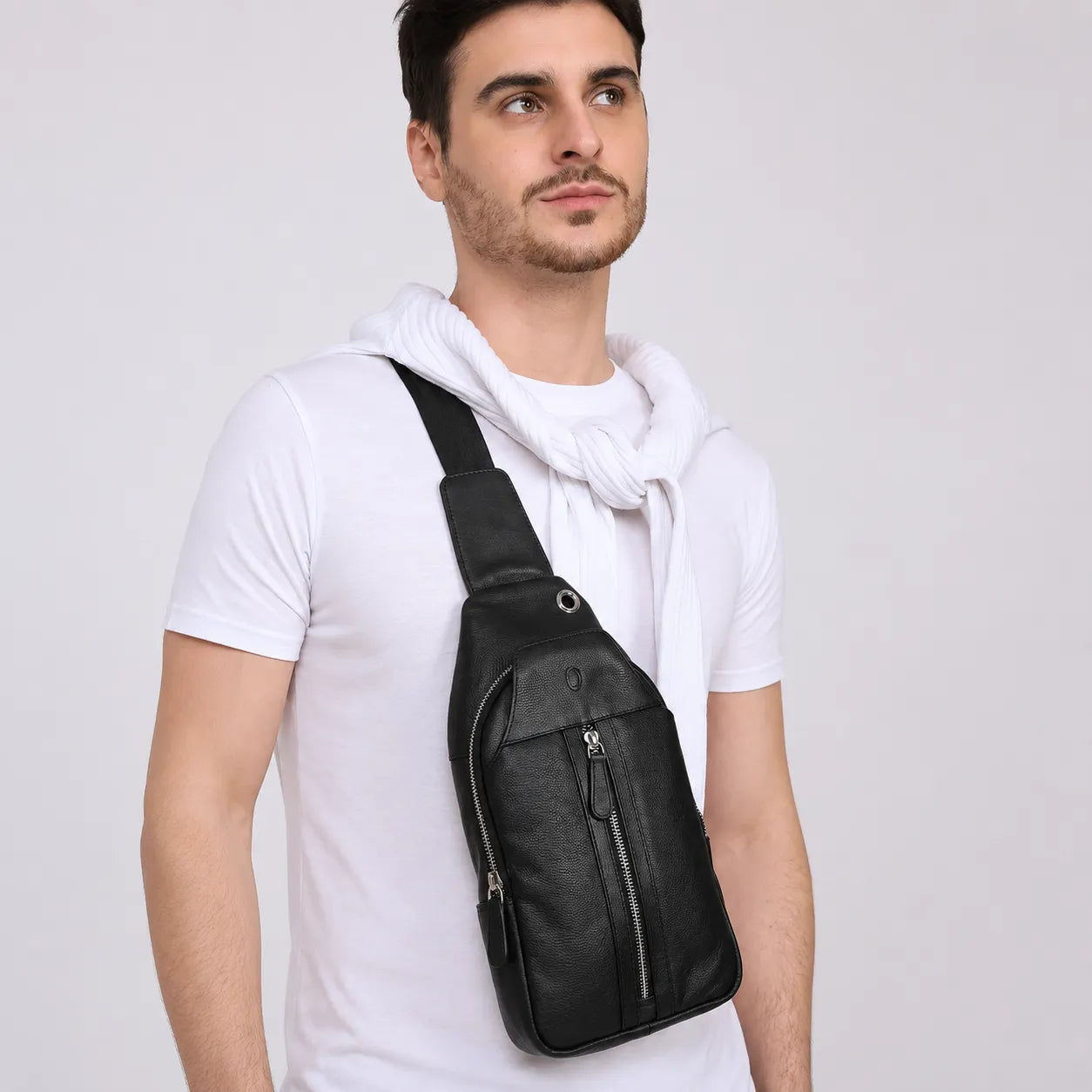 Oxhide Leather Men's Chest Bag - Travel Bag - Bikers Bag - Lightweight Anti-Theft Bag - Oxhide 10026 Black