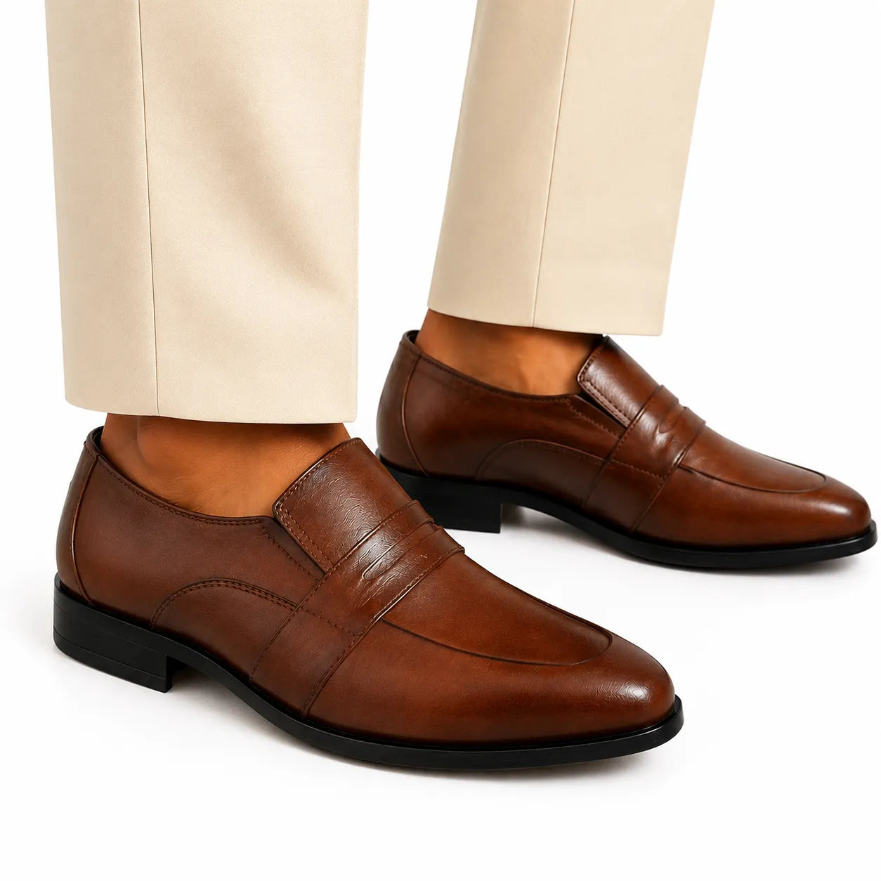Brown Leather Formal Loafers -BOM-11631-TAN