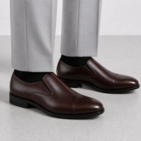 Brown Leather Cap-Toe Formal Slip-On Shoes -BOM-11635-TAN