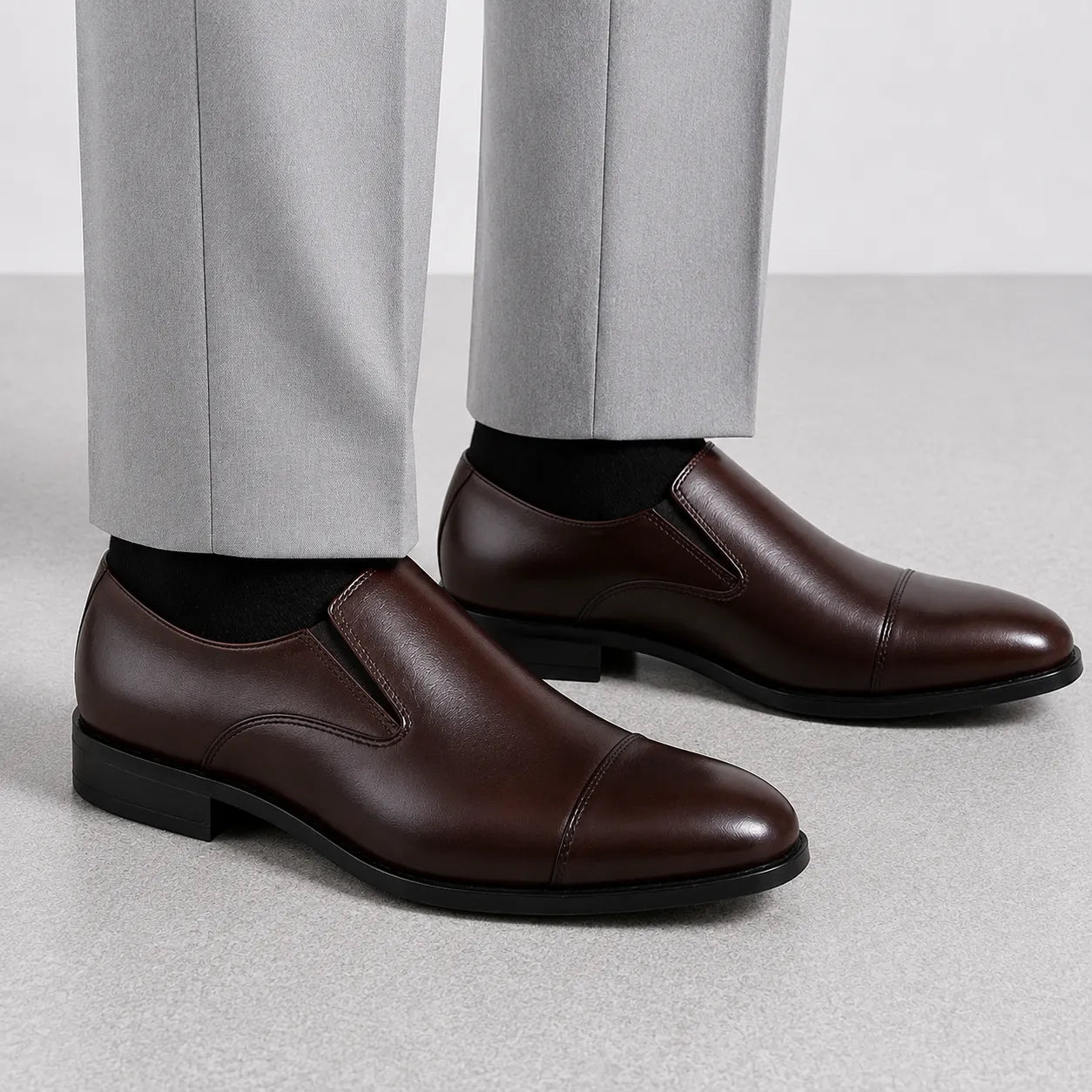 Brown Leather Cap-Toe Formal Slip-On Shoes -BOM-11635-TAN