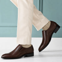 Brown Leather Cap-Toe Formal Slip-On Shoes -BOM-11635-TAN