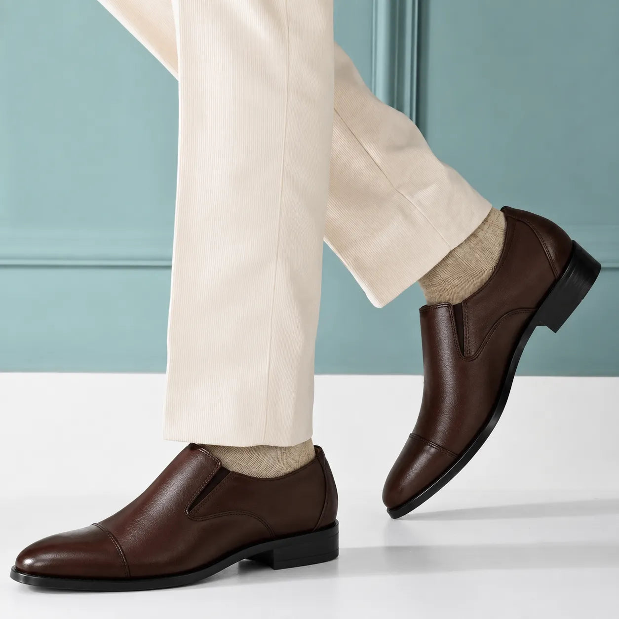 Brown Leather Cap-Toe Formal Slip-On Shoes -BOM-11635-TAN