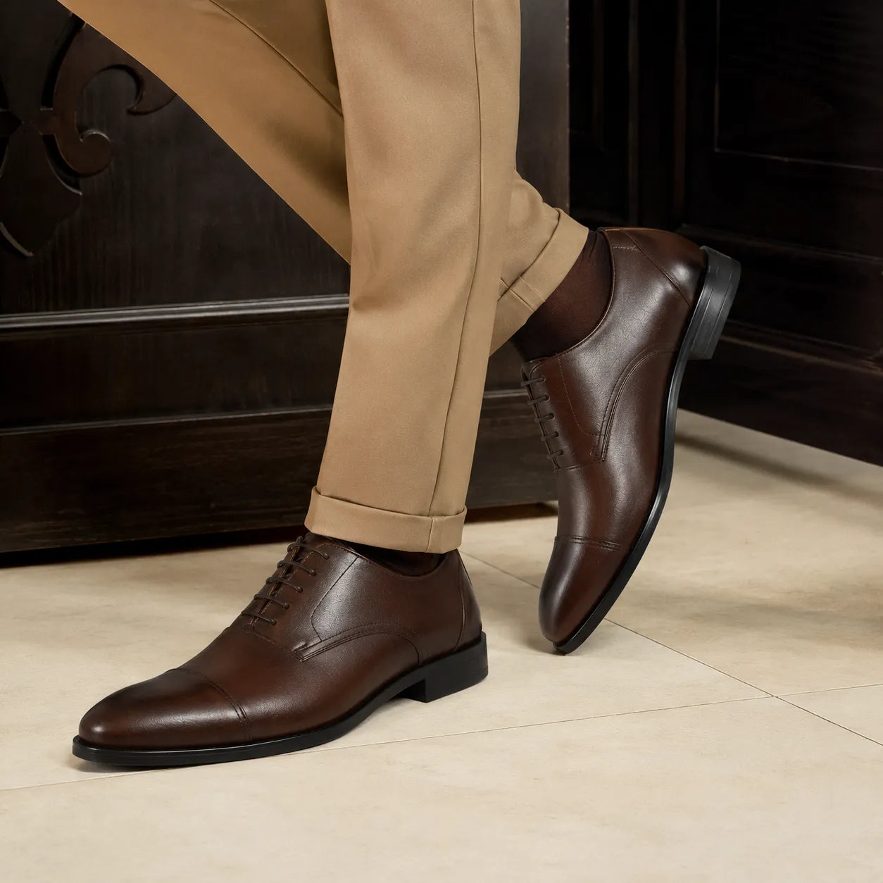Brown Leather Formal Lace-Up Shoes -BOM-MGX931-BRN