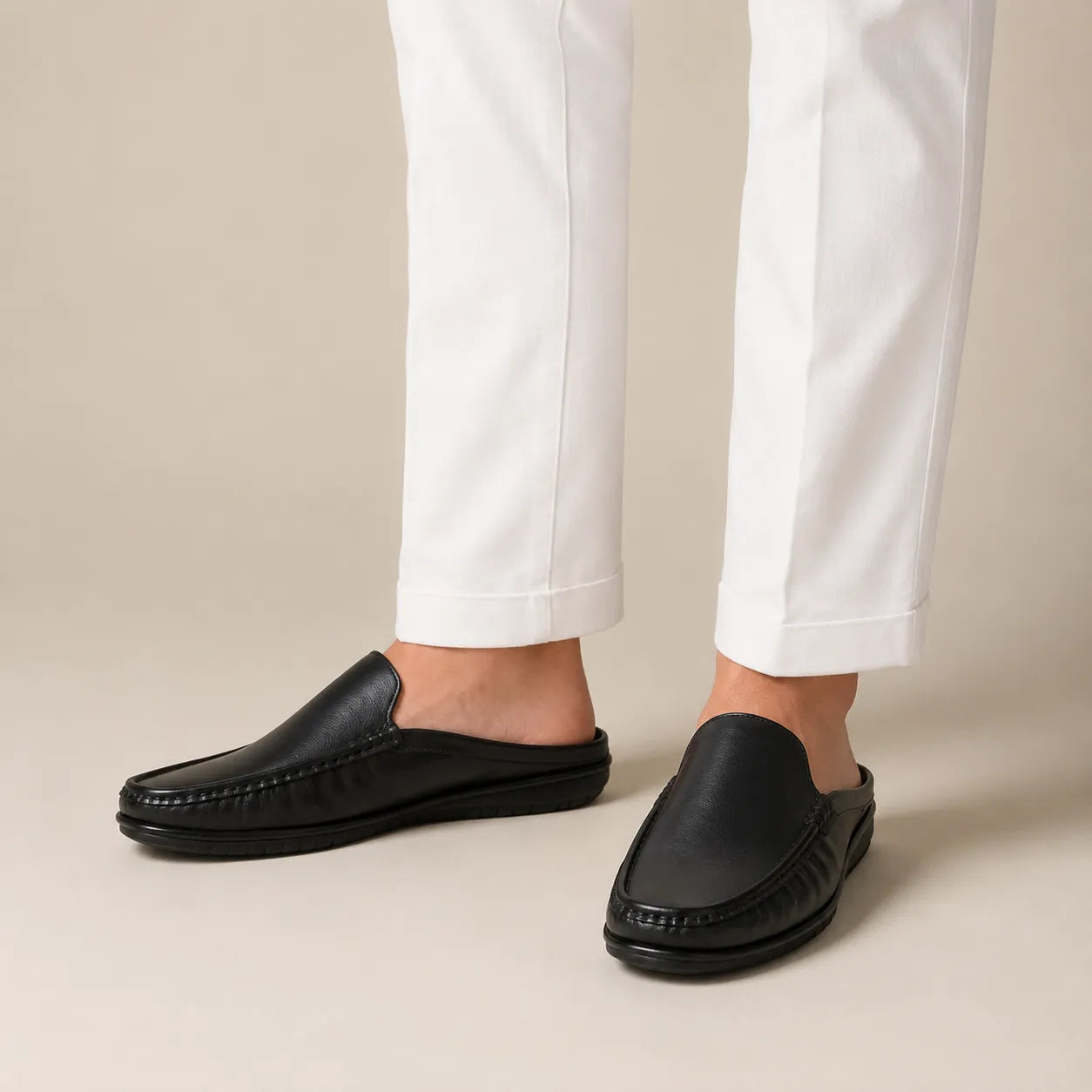 Black Leather Back-Open Slip-On Shoes -TR 1406 BLACK