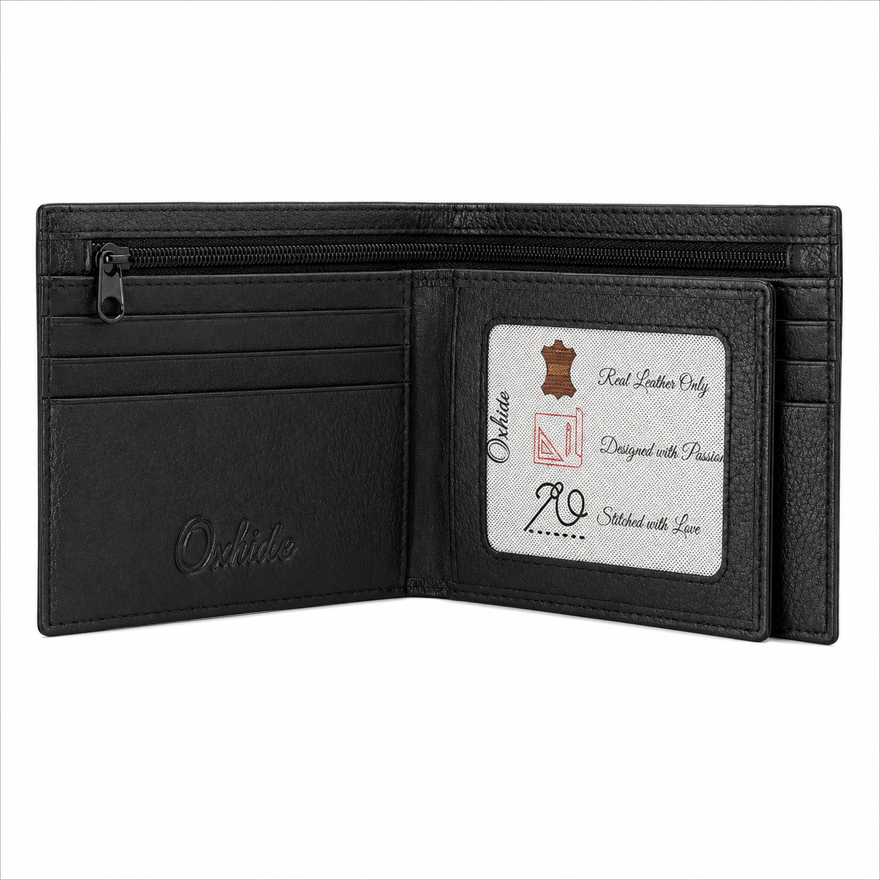 Mens Wallet in Real Leather - Bifold Wallet - Full Grain Leather Wallet - Wallet with zip - Black Color - J0002 Oxhide