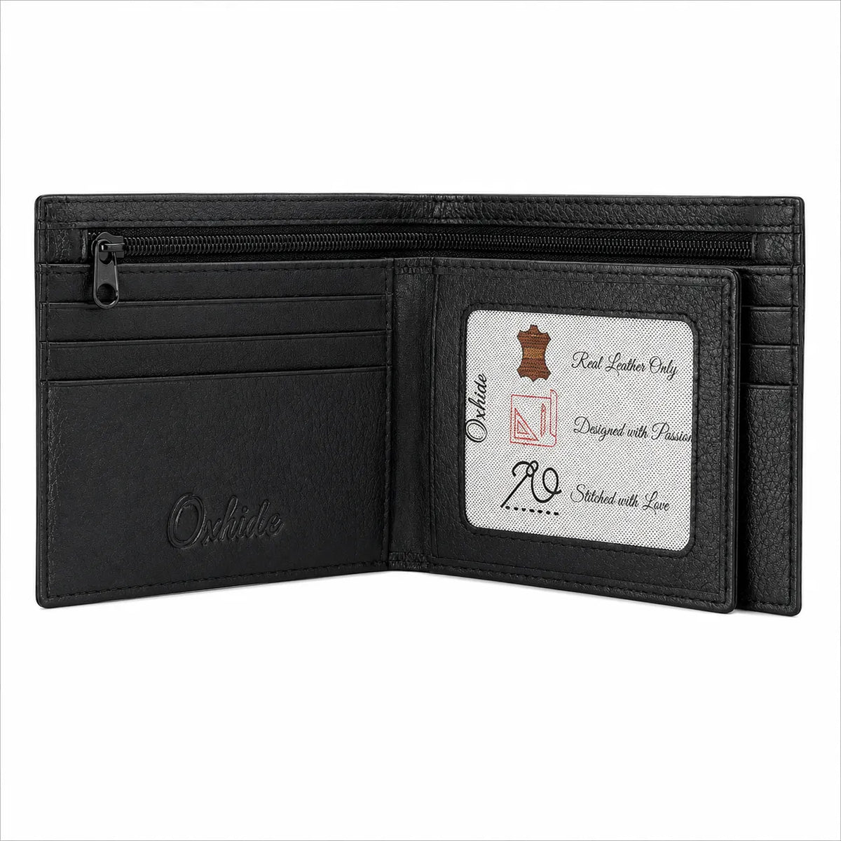 Mens Wallet in Real Leather - Bifold Wallet - Full Grain Leather Wallet - Wallet with zip - Black Color - J0002 Oxhide